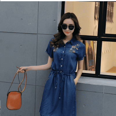 ĐẦM JEAN CỔ SƠ MI VAI THÊU HOA THỜI TRANG - NJ944